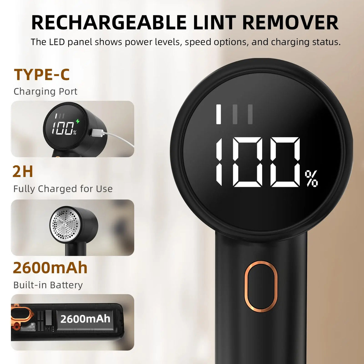 Household Fabric Shaver Lint Remover Tool, Rechargeable Electric ABS Sweater Defuzzer with 3 Speeds, 6-Blade Cutter, LED Display, Charger for Clothing, Couch, Blankets