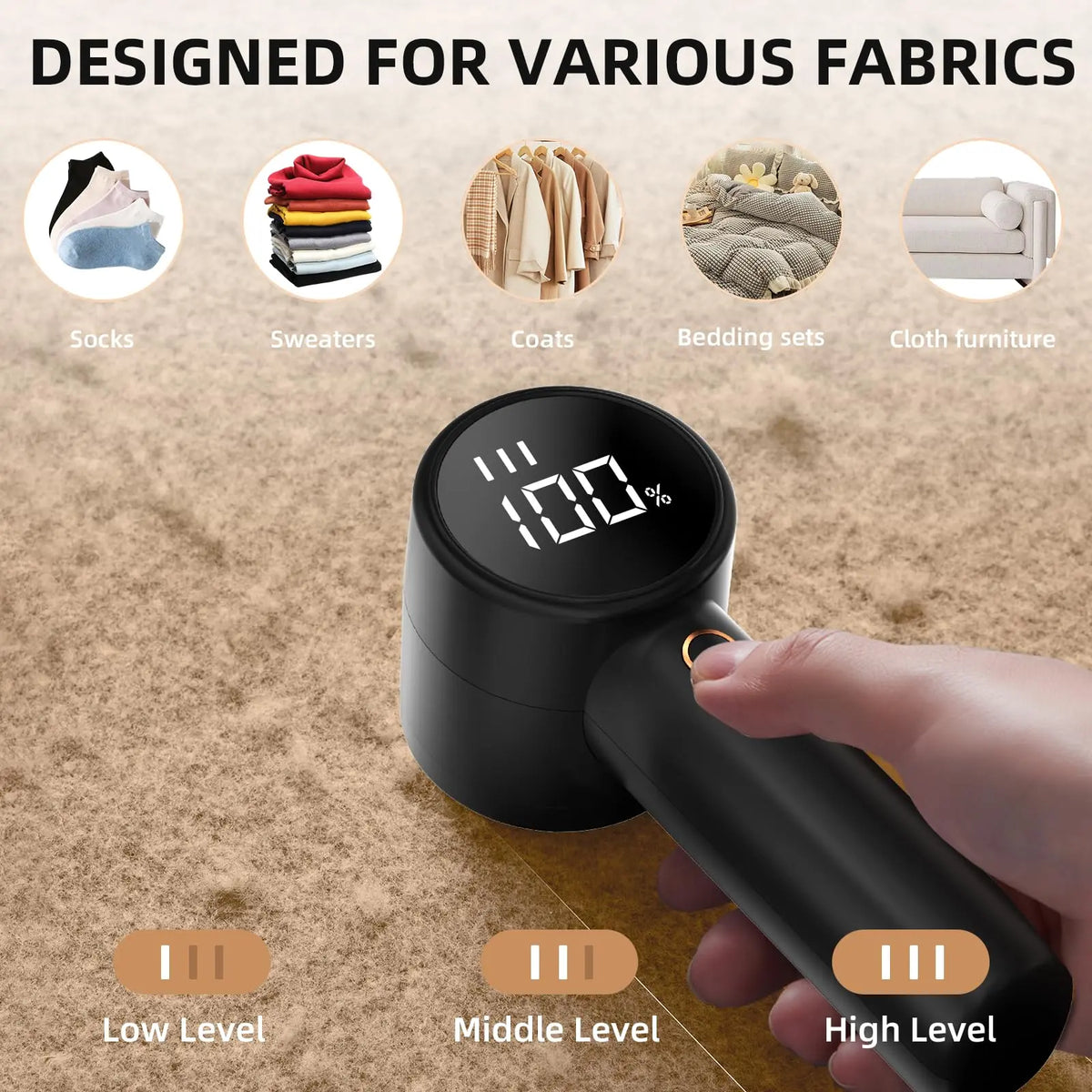 Household Fabric Shaver Lint Remover Tool, Rechargeable Electric ABS Sweater Defuzzer with 3 Speeds, 6-Blade Cutter, LED Display, Charger for Clothing, Couch, Blankets